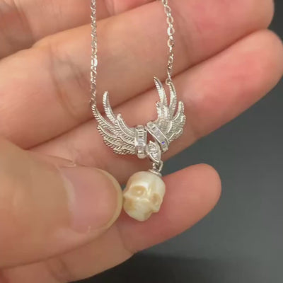 Angel Wing Pearl Skull Necklace-Belle Juri